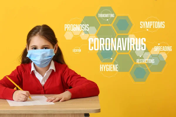 Little Schoolgirl Protective Mask Sitting Desk Color Background Concept Coronavirus — Stock Photo, Image