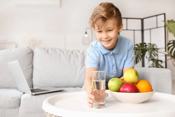 Cute Little Boy Taking Glass Water Table Home — Stock Photo, Image