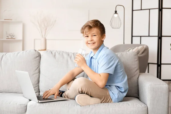 Cute Little Boy Laptop Drinking Water Home — Stock Photo, Image