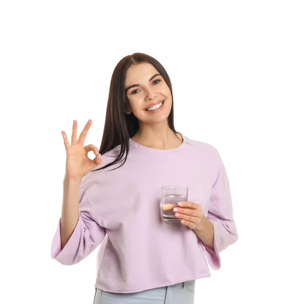 Beautiful Young Woman Glass Water Showing White Background — Stock Photo, Image