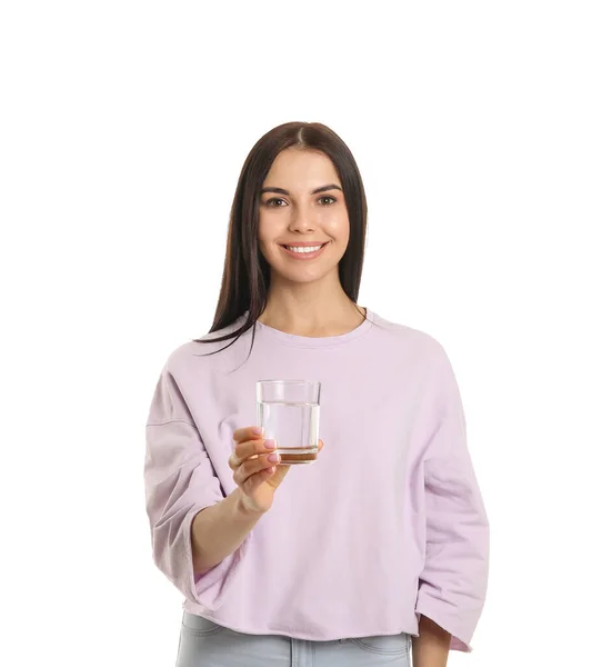 Hermosa Joven Con Vaso Agua Sobre Fondo Blanco —  Fotos de Stock