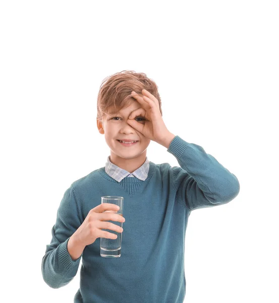 Cute Little Boy Glass Water White Background — Stock Photo, Image