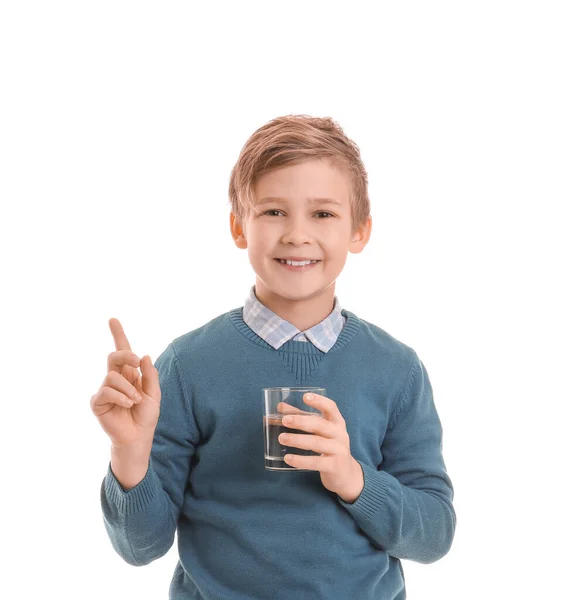 Cute Little Boy Glass Water Raised Index Finger White Background — Stock Photo, Image