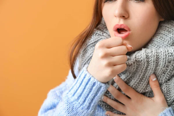 Coughing Young Woman Color Background Closeup — Stock Photo, Image