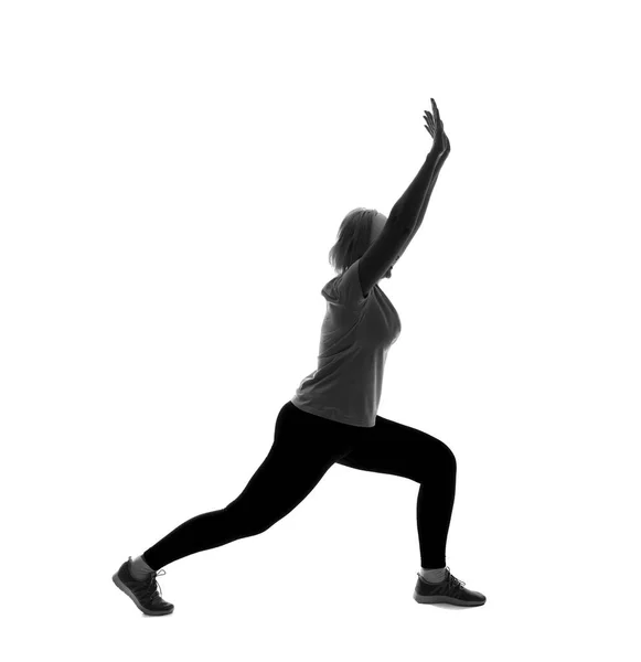 Silhouette Mature Woman Doing Exercise White Background — Stock Photo, Image