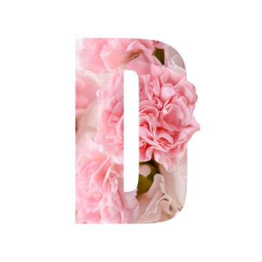 D harfi beyaz arka planda güzel çiçeklerden yapılmıştır.