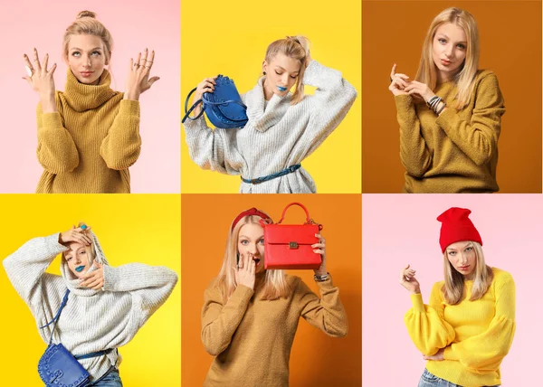 Collage Photos Young Woman Different Warm Sweaters — Stock Photo, Image