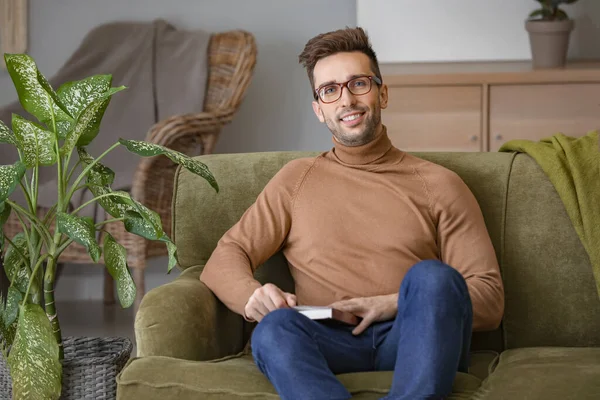 Young Man Stylish Eyeglasses Home — Stock Photo, Image