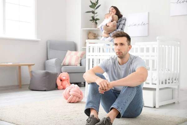 Happy Mother Her Baby Young Father Suffering Postnatal Depression Home — Stock Photo, Image