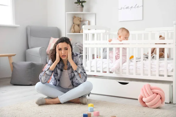 Young Woman Suffering Postnatal Depression Bed Baby Home — Stock Photo, Image