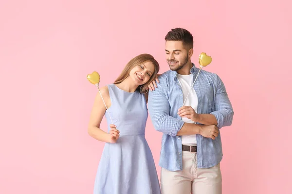 Happy Young Couple Hearts Color Background — Stock Photo, Image