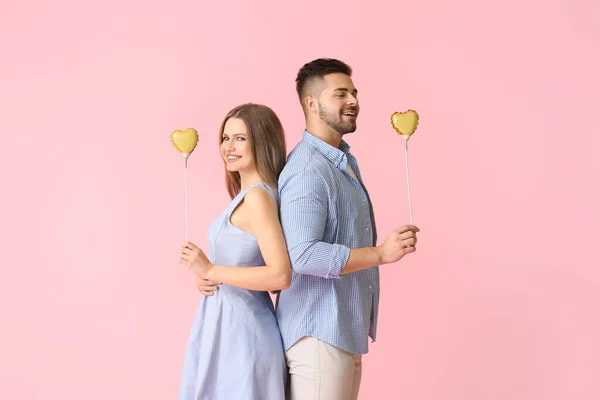 Happy Young Couple Hearts Color Background — Stock Photo, Image