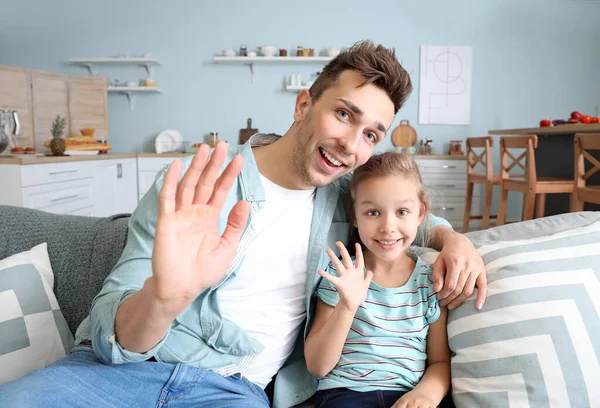 Young Father Daughter Having Video Call Home — Stock Photo, Image