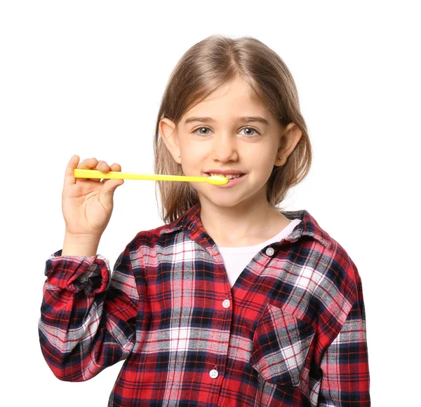 Cute Little Girl Toothbrush White Background — Stock Photo, Image