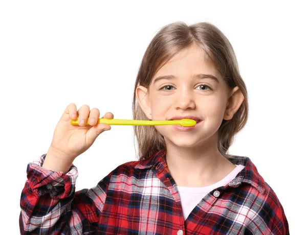 Cute Little Girl Toothbrush White Background — Stock Photo, Image