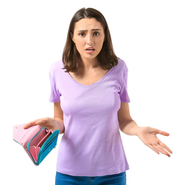 Worried Young Woman Empty Wallet White Background — Stock Photo, Image