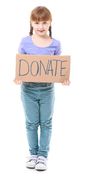 Bambina Possesso Cartone Con Testo Donate Sfondo Bianco — Foto Stock