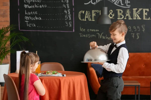 Cute Little Waiter Serving Client Restaurant — Stock Photo, Image