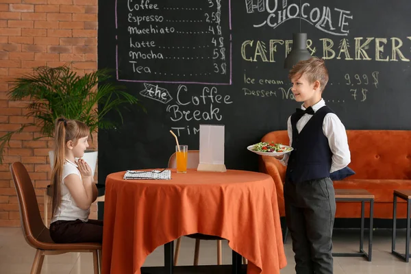 Cute Little Waiter Serving Client Restaurant — Stock Photo, Image