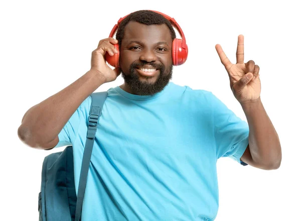 Male African American Student Headphones White Background — Stock Photo, Image