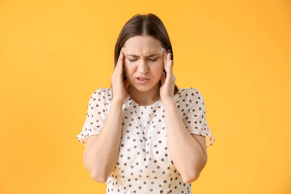 Stressed Young Woman Color Background — Stock Photo, Image