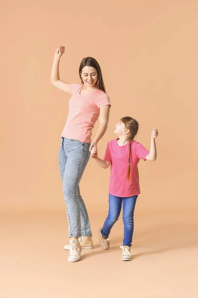 Happy Mother Her Little Daughter Dancing Color Background — Stock Photo, Image