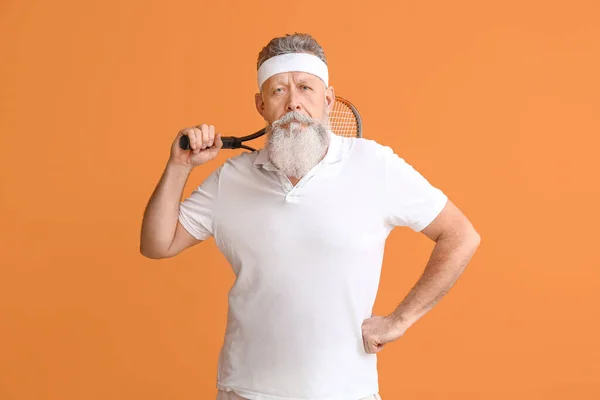 Sporty Elderly Tennis Player Color Background — Stock Photo, Image