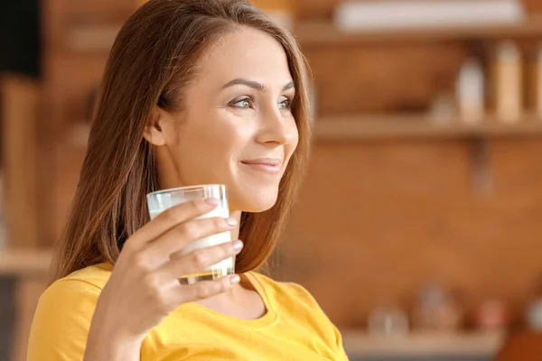 Beautiful Young Woman Drinking Milk Home — Stock Photo, Image