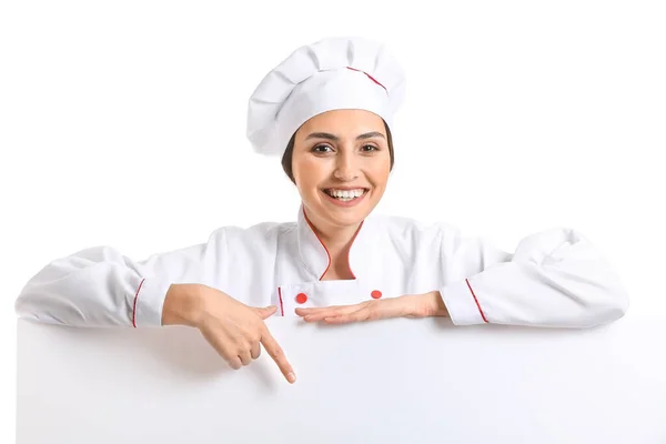 Portret Van Vrouwelijke Chef Kok Met Blanco Poster Witte Achtergrond — Stockfoto