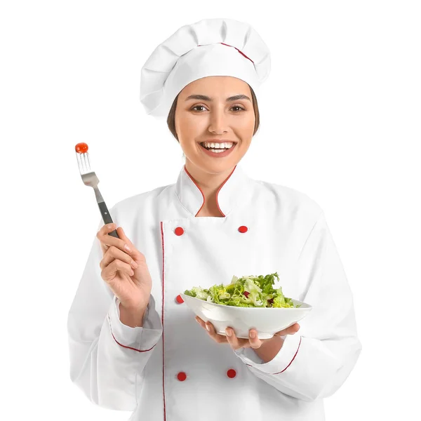 Portret Van Vrouwelijke Chef Kok Met Salade Witte Achtergrond — Stockfoto