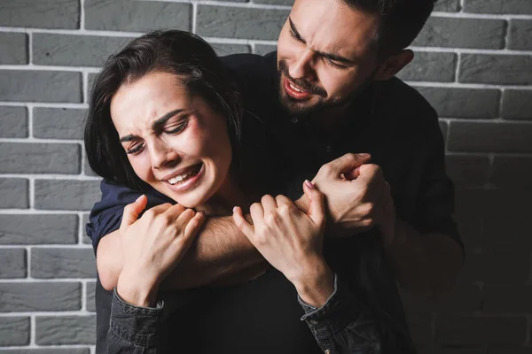 Angry Husband Trying Kill His Wife Indoors Concept Domestic Violence — Stock Photo, Image