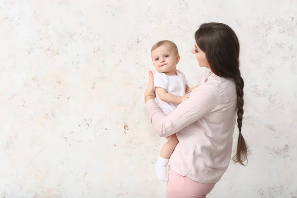 Happy Mother Cute Little Baby Light Background — Stock Photo, Image