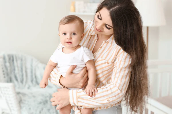 Happy Mother Cute Little Baby Home — Stock Photo, Image