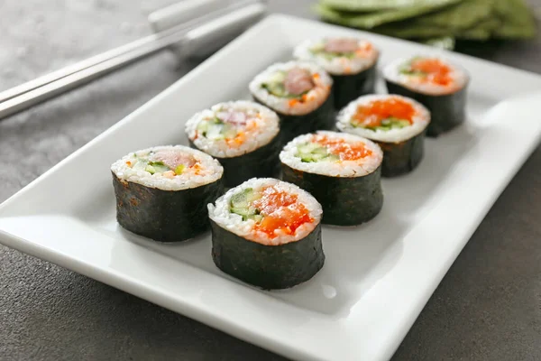 Plate Tasty Sushi Rolls Table — Stock Photo, Image