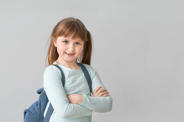 Cute Little Schoolgirl Grey Background — Stock Photo, Image