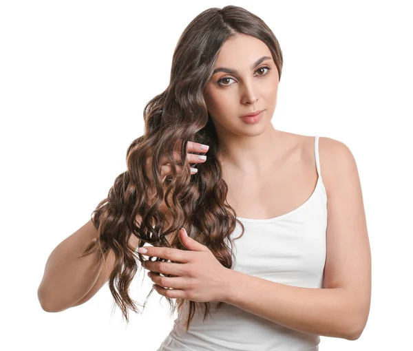 Junge Frau Mit Schönen Welligen Haaren Auf Weißem Hintergrund — Stockfoto
