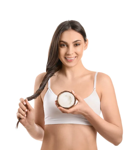 Mooie Jonge Vrouw Met Lang Haar Kokosnoot Witte Achtergrond — Stockfoto
