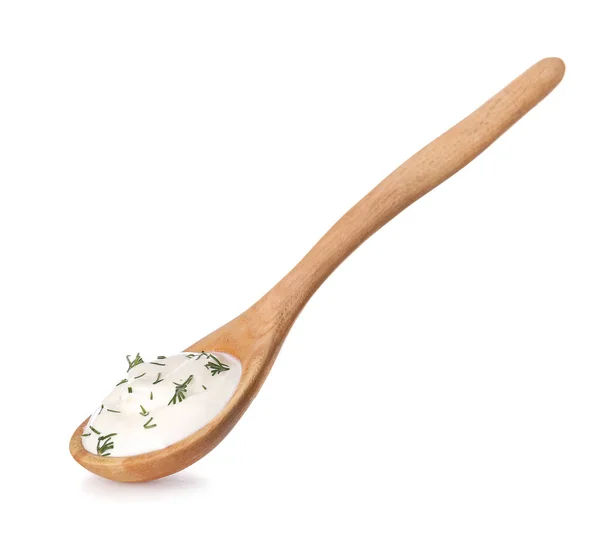 Spoon Tasty Sour Cream White Background — Stock Photo, Image