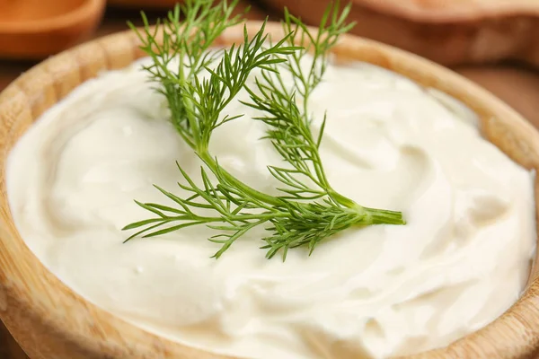 Bowl Tasty Sour Cream Table Closeup — Stock Photo, Image