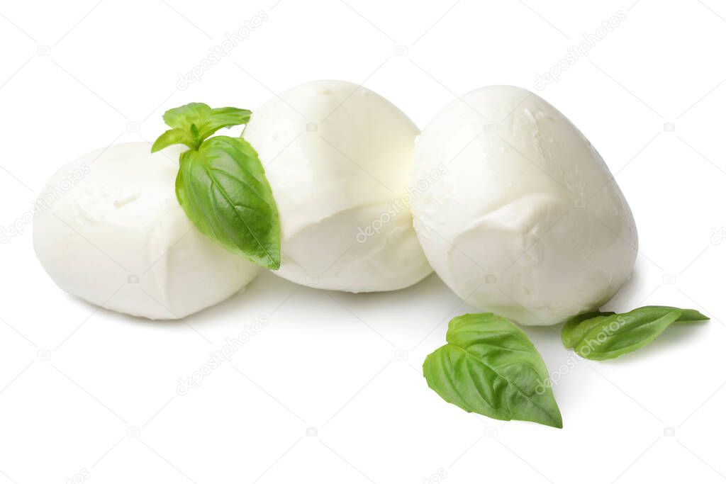 Mozzarella cheese with basil on white background