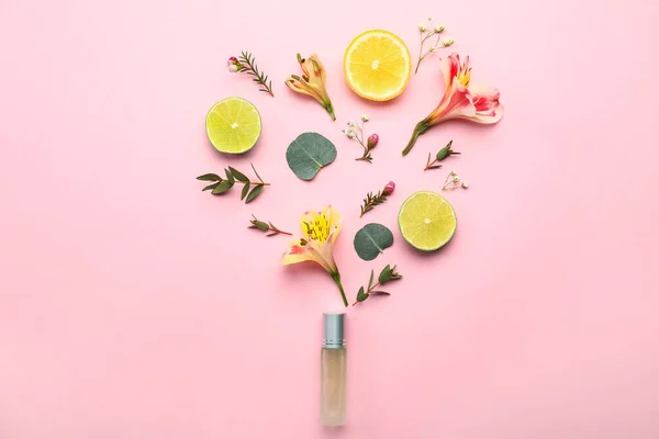 Beautiful Composition Perfume Bottle Color Background — Stock Photo, Image