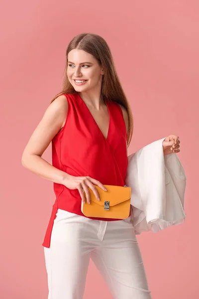 Beautiful Woman Stylish Bag Color Background — Stock Photo, Image