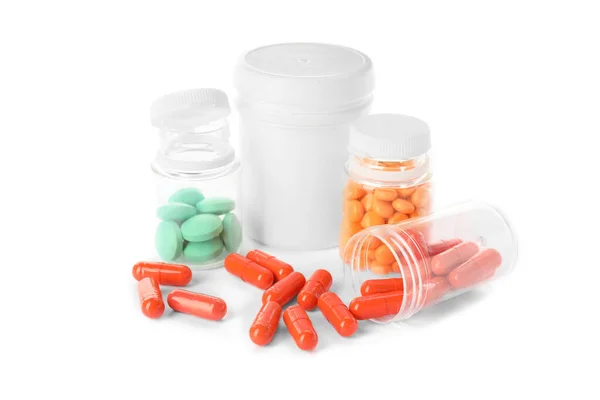 Palack Különböző Tabletták Fehér Háttér — Stock Fotó