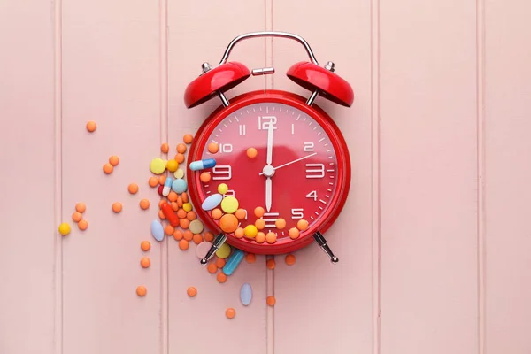 Alarm Clock Different Pills Wooden Background — Stock Photo, Image