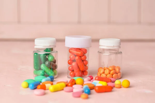 Bottles Different Pills Color Background — Stock Photo, Image