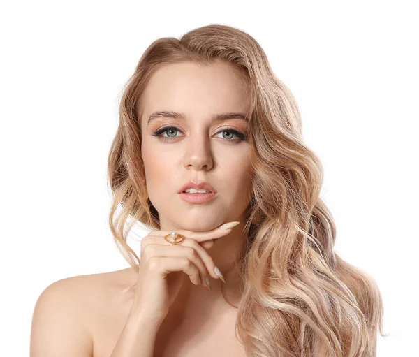 Young Blonde Beautiful Hair White Background — Stock Photo, Image