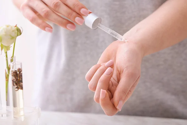 Woman Applying Perfume Oil Skin Closeup — Stock Photo, Image