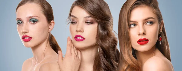 Mujeres Jóvenes Con Hermoso Maquillaje Fondo Color — Foto de Stock