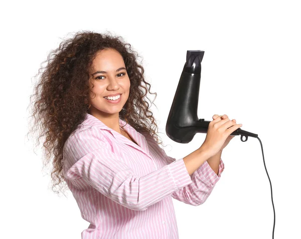 Beautiful Young African American Woman Blow Dryer White Background — Stock Photo, Image