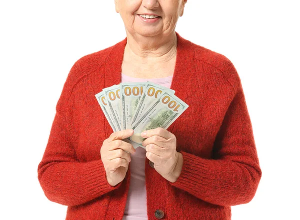 Mulher Sênior Com Dinheiro Fundo Branco — Fotografia de Stock